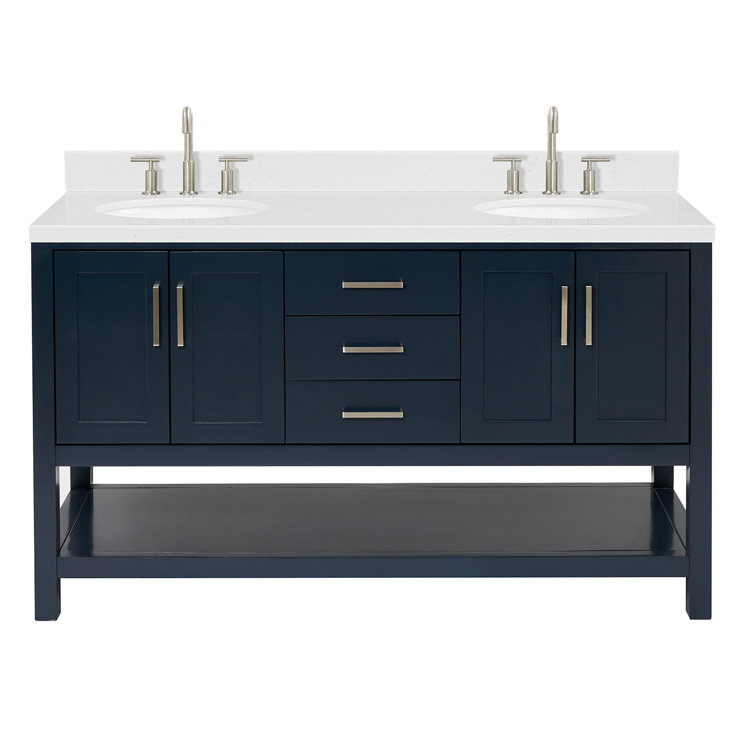 Midnight Blue Solid Wood Double Sink Freestanding Vanity with Quartz Top
