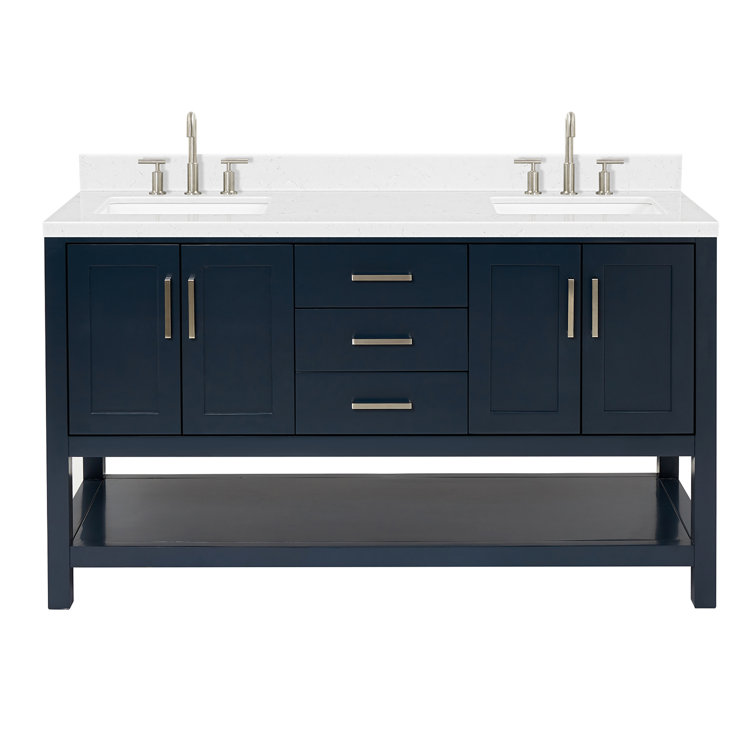 Midnight Blue Solid Wood Double Sink Freestanding Vanity with Quartz Top