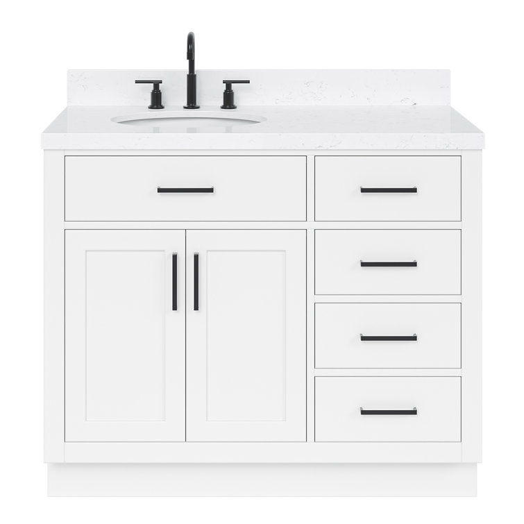 Sidmouth 42'' Solid Wood Single Bathroom Vanity with 1.5'' Carrara Quartz Top, Left Offset Oval Sink