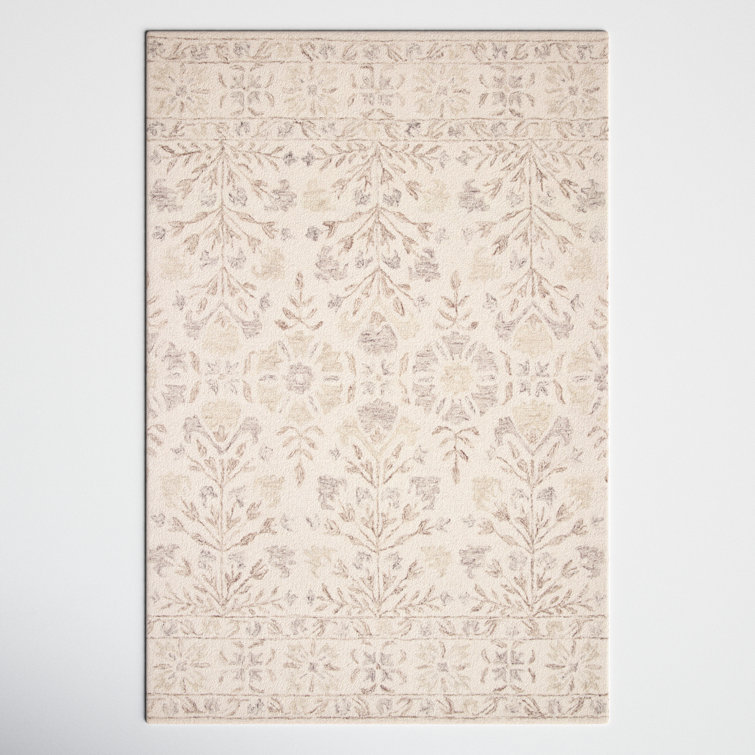 Handmade Ivory Floral Wool Rectangular Rug
