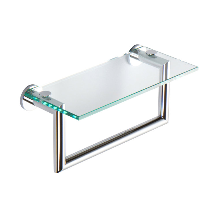 Kubic 12" Polished Chrome Minimalist Glass Shelf with Towel Bar