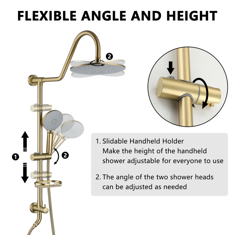 Brushed Gold Large Dual Round Wall Mounted Shower System