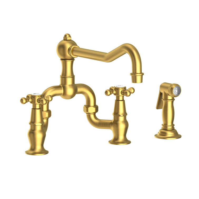 Satin Brass Traditional Kitchen Bridge Faucet with Side Spray