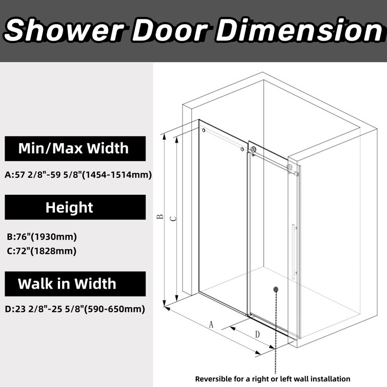 59'' W x 76'' H Single Sliding Frameless Shower Door with 3/8" (10 mm) Clear Tempered Glass