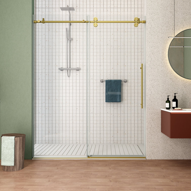 55" Gold Frameless Sliding Shower Door with Clear Tempered Glass