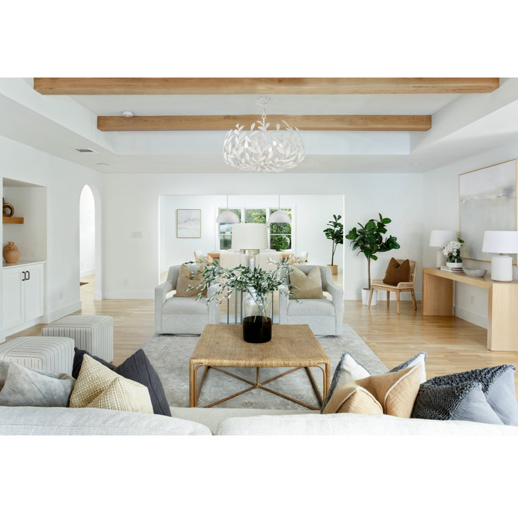 Matte White Steel Globe Chandelier with Leaf Design
