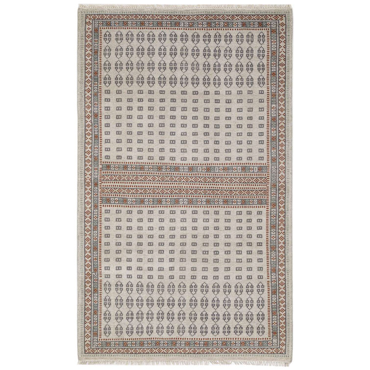 Ivory and Brown Hand-Knotted Wool Cotton 5' x 8' Rug