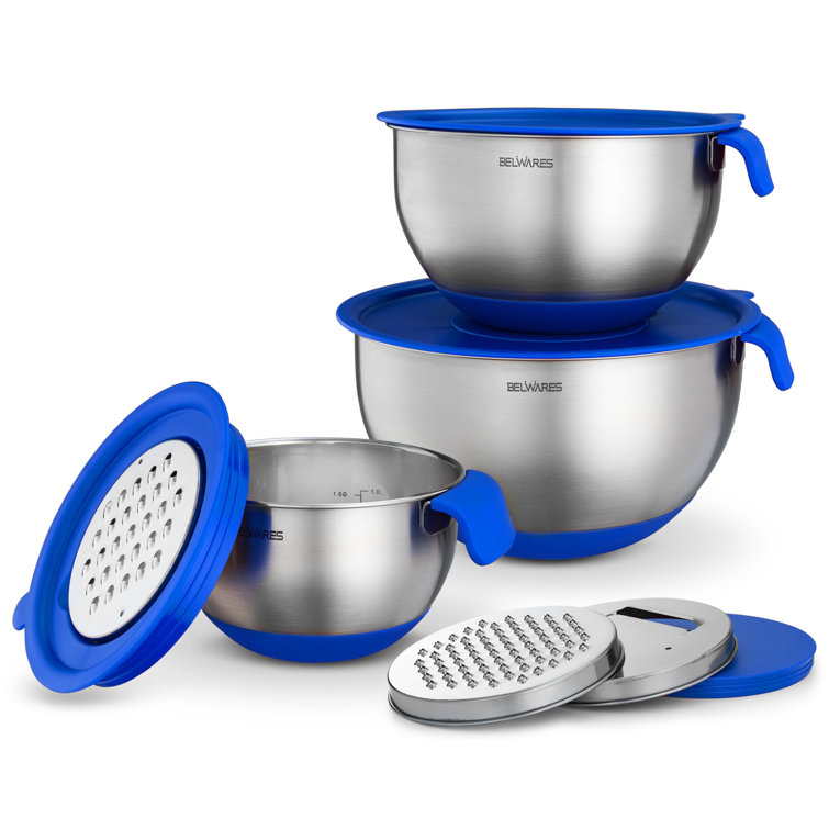 Blue Stainless Steel Mixing Bowl Set with Lids and Graters