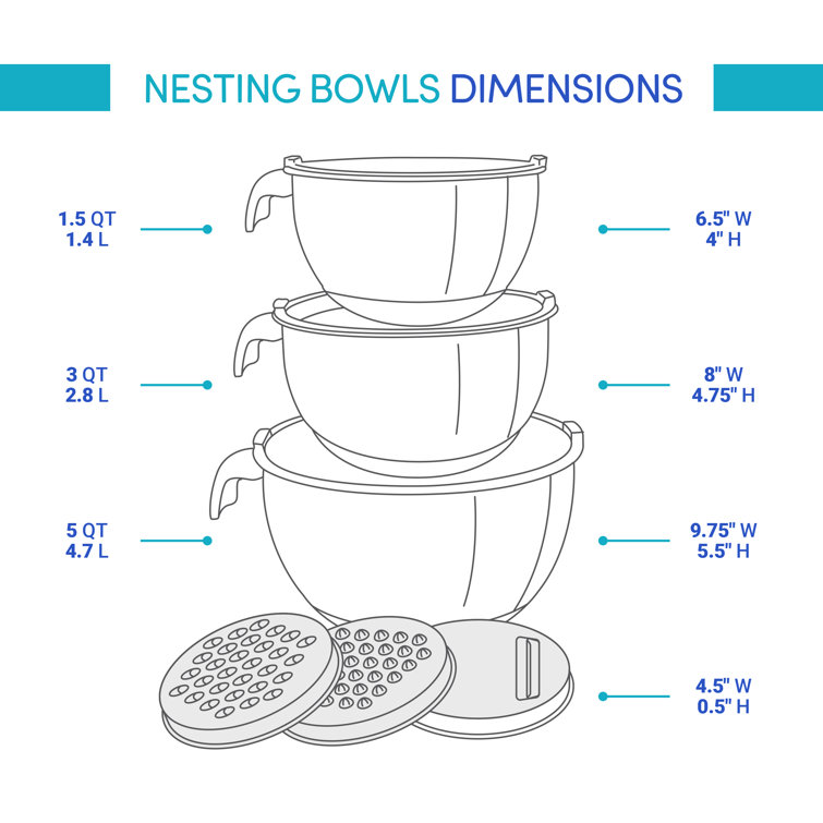 Blue Stainless Steel Mixing Bowl Set with Lids and Graters