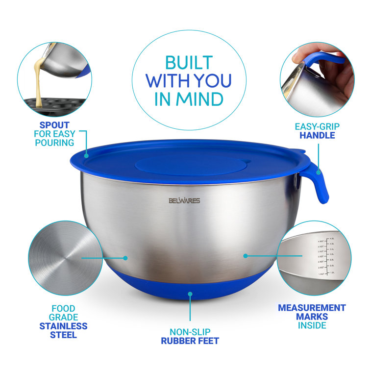 Blue Stainless Steel Mixing Bowl Set with Lids and Graters