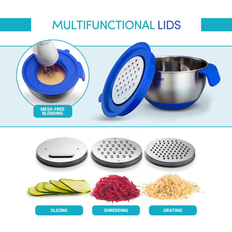 Blue Stainless Steel Mixing Bowl Set with Lids and Graters