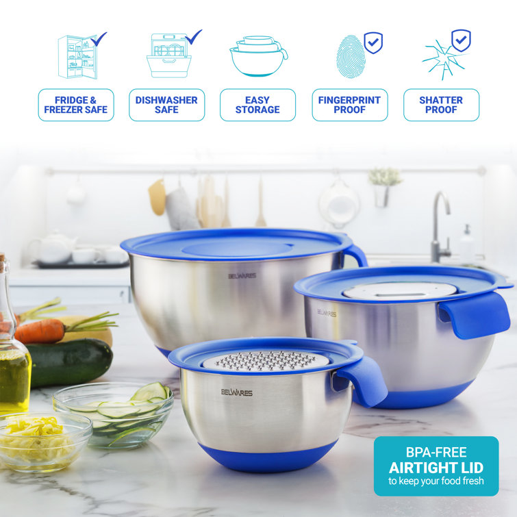 Blue Stainless Steel Mixing Bowl Set with Lids and Graters