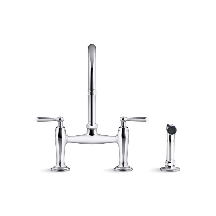 Edalyn Polished Chrome Two-Hole Bridge Kitchen Faucet with Side Sprayer