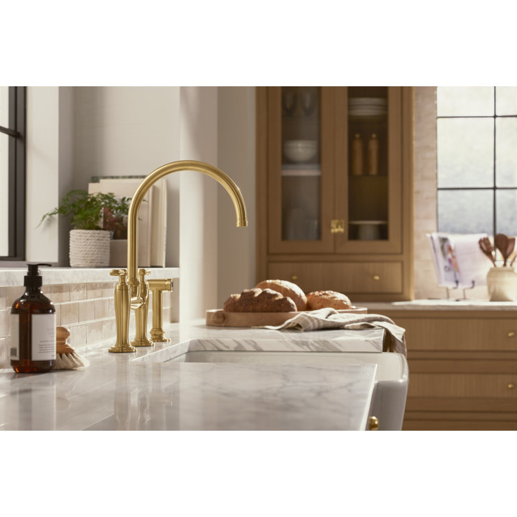 Edalyn Vibrant Brushed Moderne Brass Kitchen Faucet with Side Sprayer