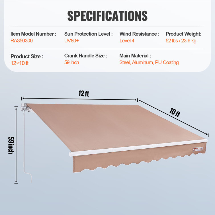 VEVOR 12 x 10 ft Beige Polyester Manual Retractable Awning