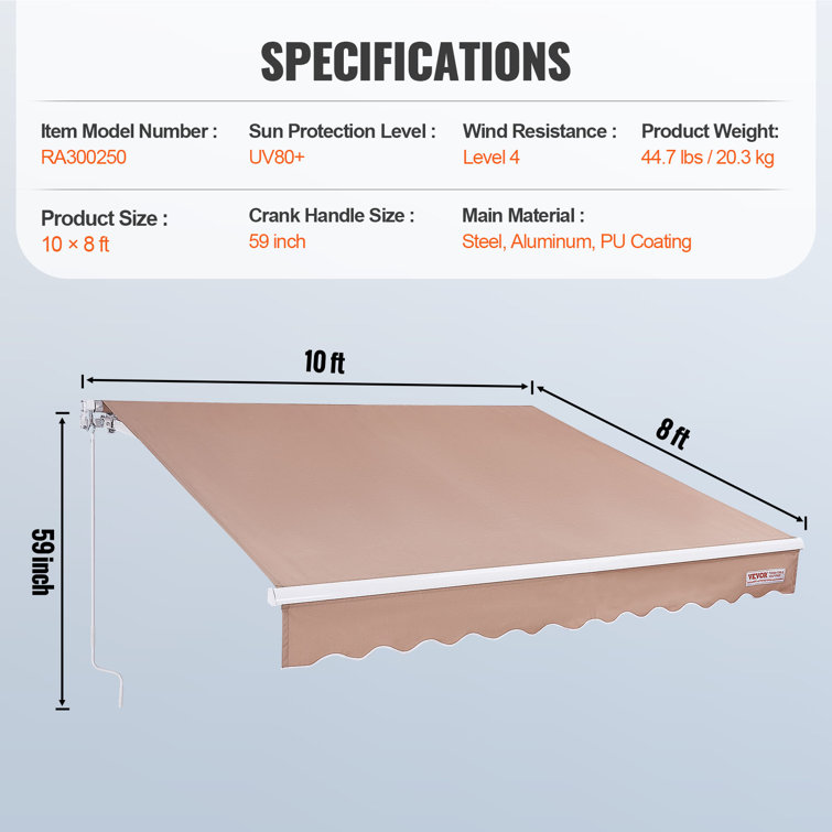 10 x 8 ft Beige Polyester Manual Retractable Patio Awning