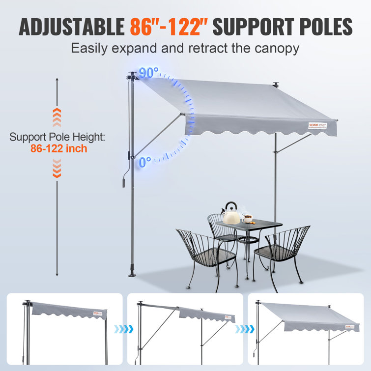 VEVOR 118'' Gray Polyester Retractable Patio Awning