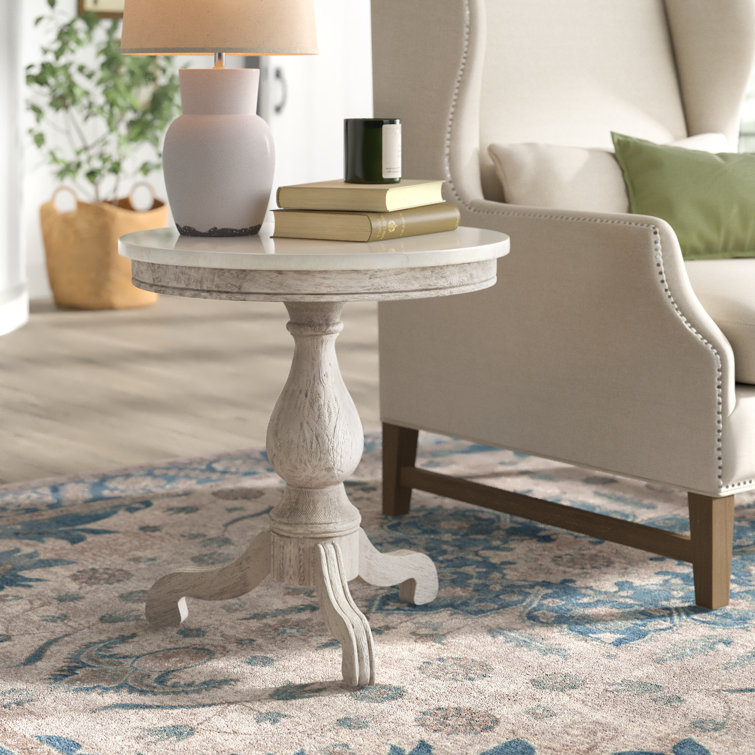 Rustic Gray Round Marble Top Pedestal End Table