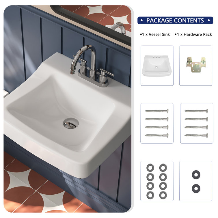 19'' White Ceramic Wall-Mount Bathroom Sink with Faucet Hole