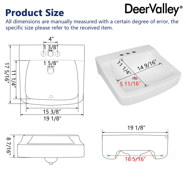 19'' White Ceramic Wall-Mount Bathroom Sink with Faucet Hole
