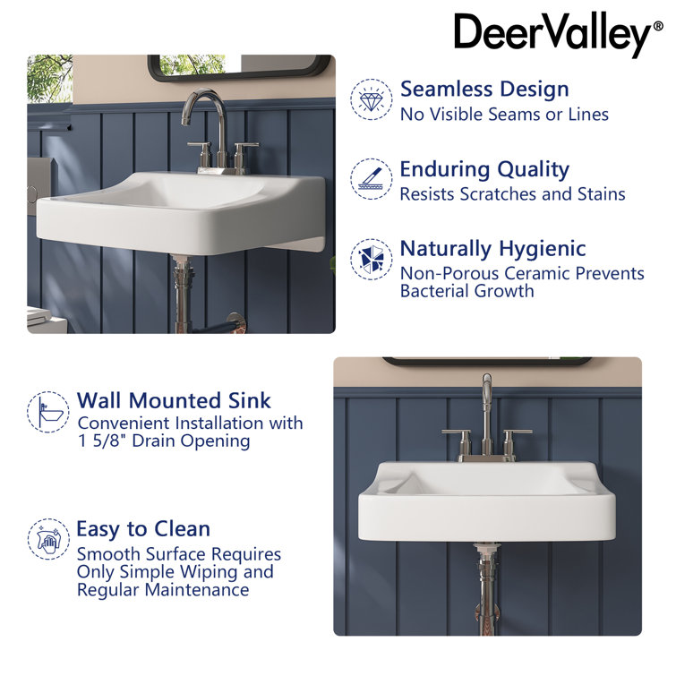 19'' White Ceramic Wall-Mount Bathroom Sink with Faucet Hole