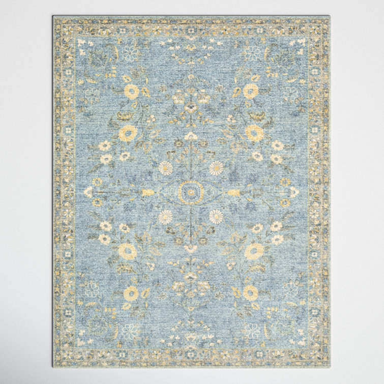 Sky Blue Rectangular Oriental Synthetic Area Rug
