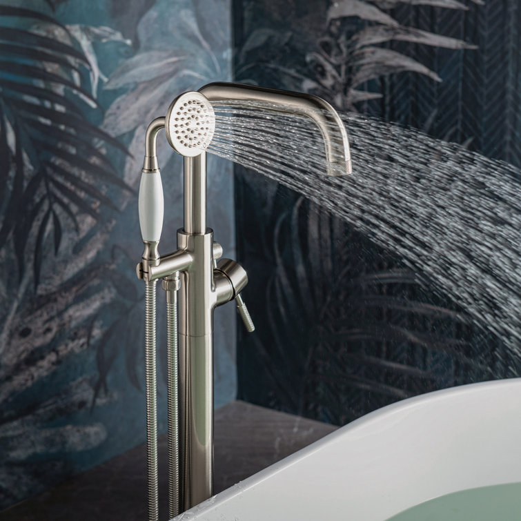 Brushed Nickel Freestanding Tub Filler Faucet with Hand Shower