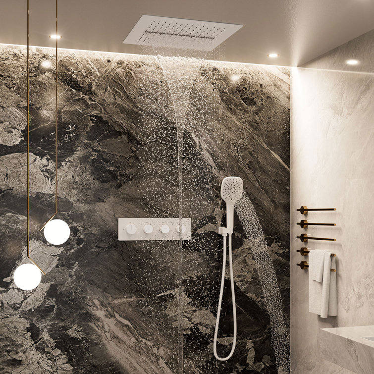 Matte White Dual Head Ceiling Mounted Rainfall Shower System