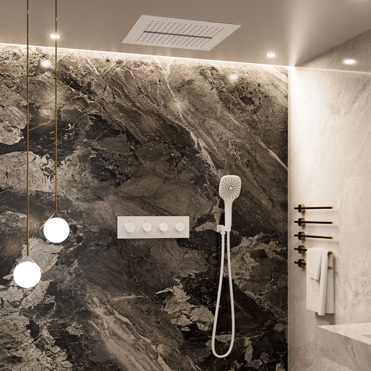 Matte White Dual Head Ceiling Mounted Rainfall Shower System
