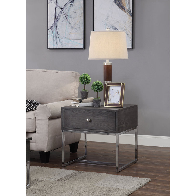 Modern Gray Oak & Chrome Rectangular End Table with Storage