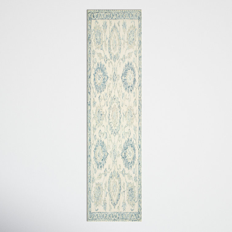 Ivory and Blue Handmade Wool Runner Rug - 2'6" x 9'9"
