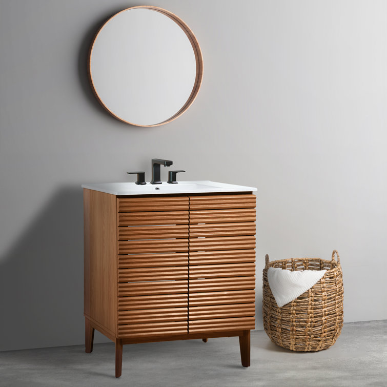 Calandre Walnut 30" Modern Farmhouse Slat Bath Vanity Cabinet