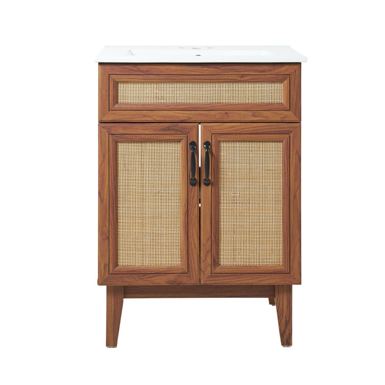 Javer 24" Walnut Rattan 2-Shelf Bath Vanity Cabinet