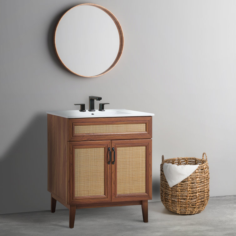 Javer 30" Walnut Rattan Modern Farmhouse Bath Vanity Cabinet