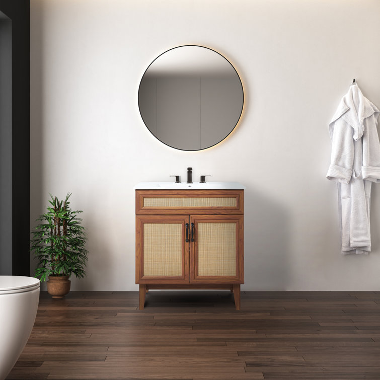 Javer 30" Walnut Rattan Modern Farmhouse Bath Vanity Cabinet