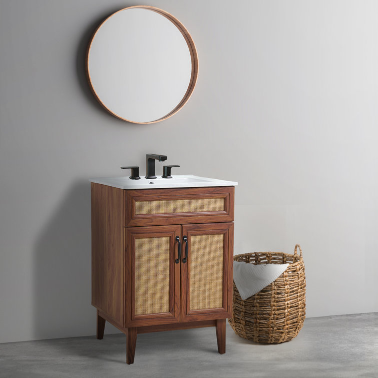 Javer 24" Walnut Rattan 2-Shelf Bath Vanity Cabinet