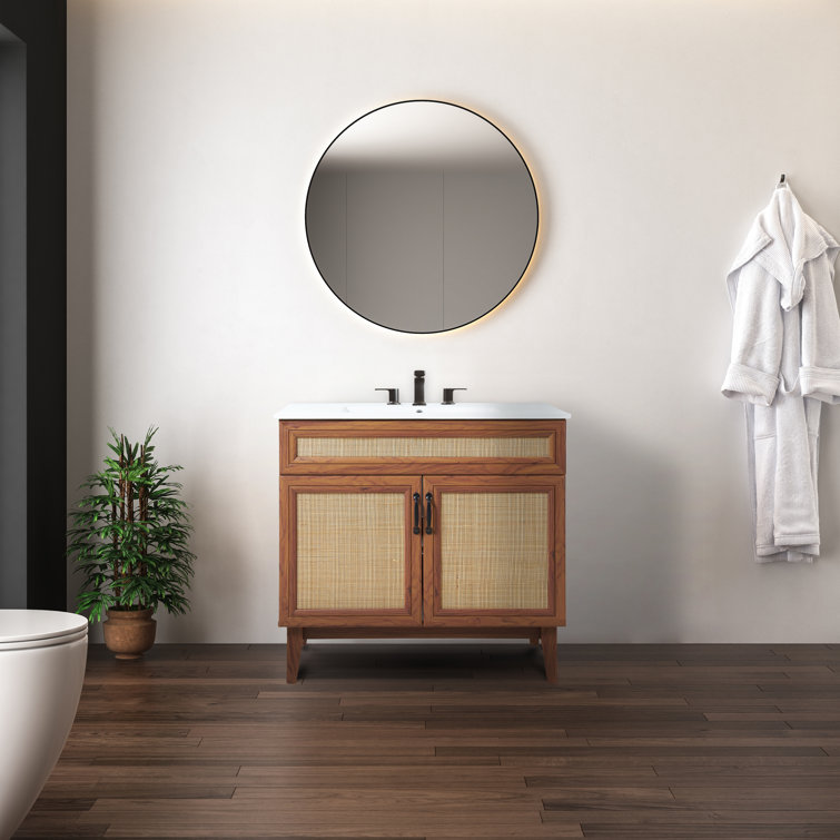 Javer 36" Walnut Rattan Modern Farmhouse Bathroom Vanity Cabinet