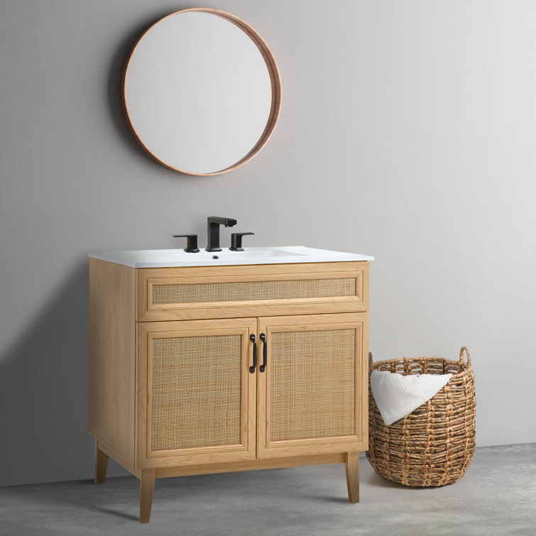 Javer 36" Oak Rattan Modern Farmhouse Bath Vanity Cabinet