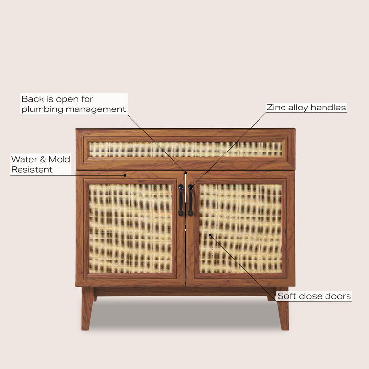 Javer 36" Walnut Rattan Modern Farmhouse Bathroom Vanity Cabinet