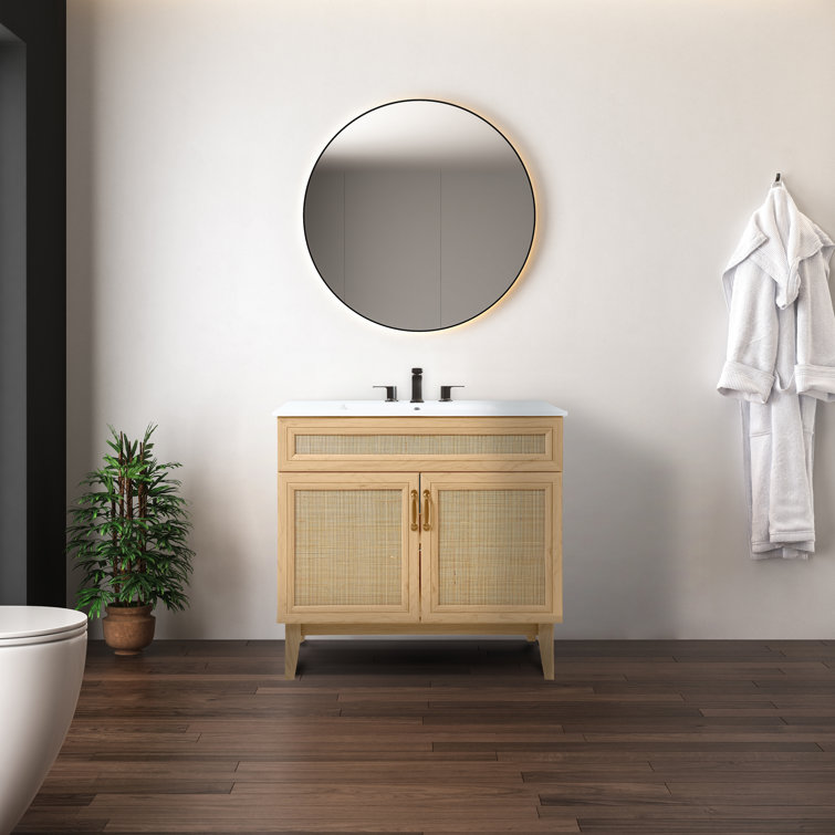 Javer 36" Oak Rattan Modern Farmhouse Bath Vanity Cabinet