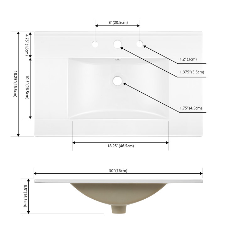 White Rectangular Ceramic Single Sink Vanity Top, 30"
