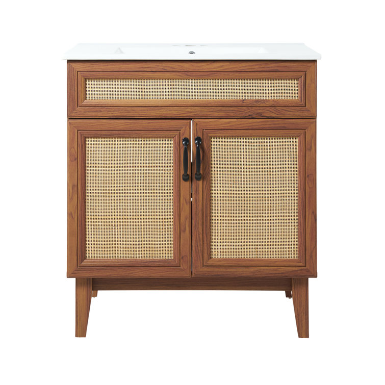 Javer 30" Walnut Rattan Modern Farmhouse Bath Vanity Cabinet