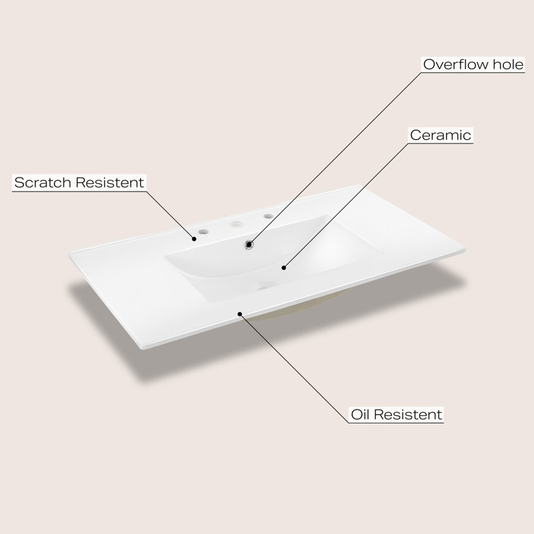 White 36" Ceramic Rectangular Single Sink Vanity Top
