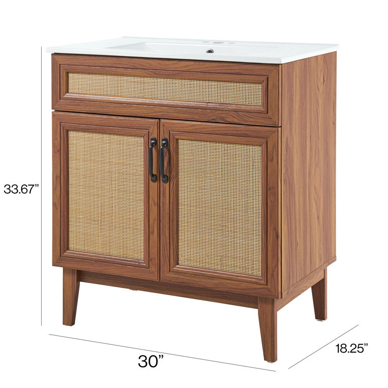 Javer 30" Walnut Rattan Modern Farmhouse Bath Vanity Cabinet