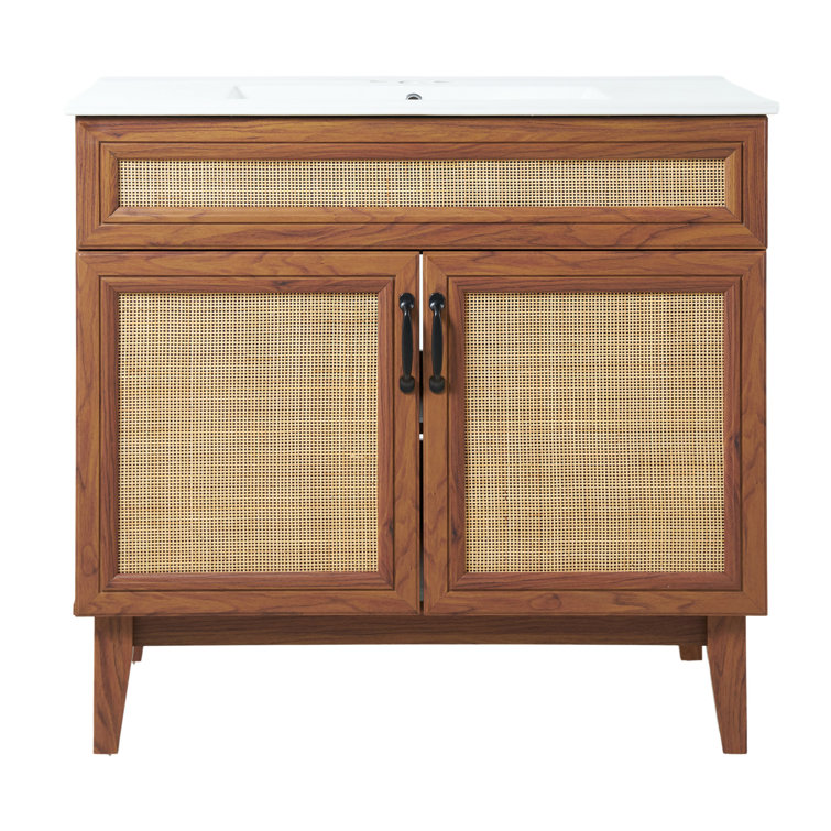 Javer 36" Walnut Rattan Modern Farmhouse Bathroom Vanity Cabinet