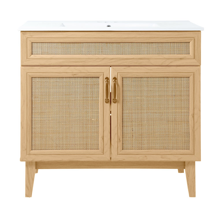Javer 36" Oak Rattan Modern Farmhouse Bath Vanity Cabinet