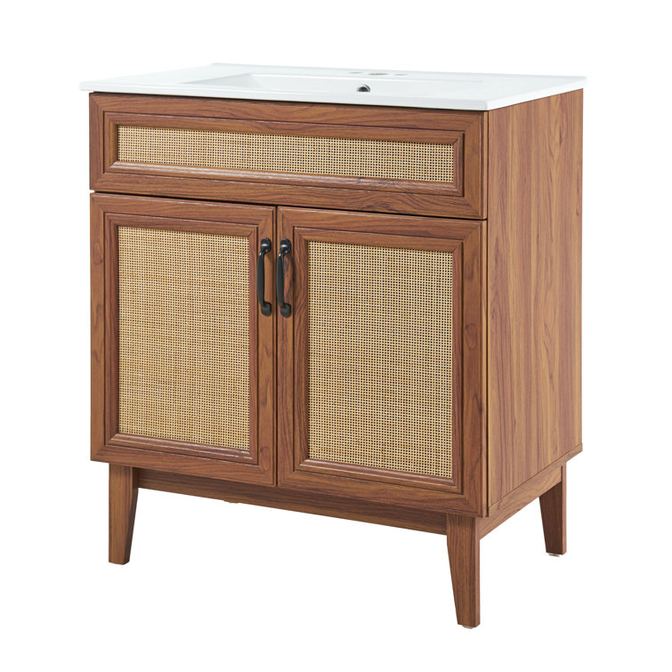 Javer 30" Walnut Rattan Modern Farmhouse Bath Vanity Cabinet