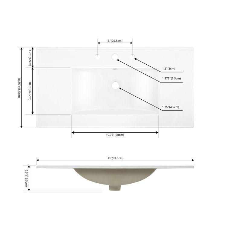 White 36" Ceramic Rectangular Single Sink Vanity Top