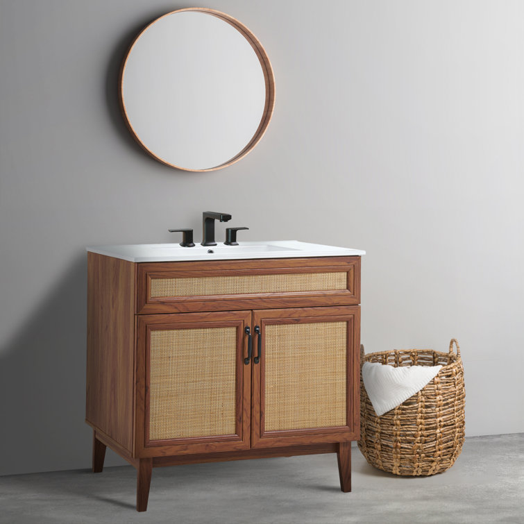 Javer 36" Walnut Rattan Modern Farmhouse Bathroom Vanity Cabinet