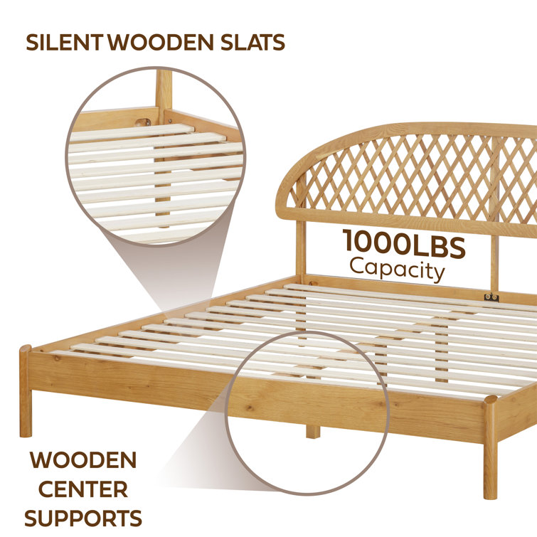 King Rustic Oak Wood Bed Frame with Lattice Headboard and Slats